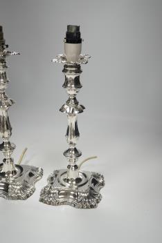 A pair of late Victorian silver candlesticks, now drilled for electricity, William Hutton & Sons, London, 188, 30.7cm excl. fittings, weighted.